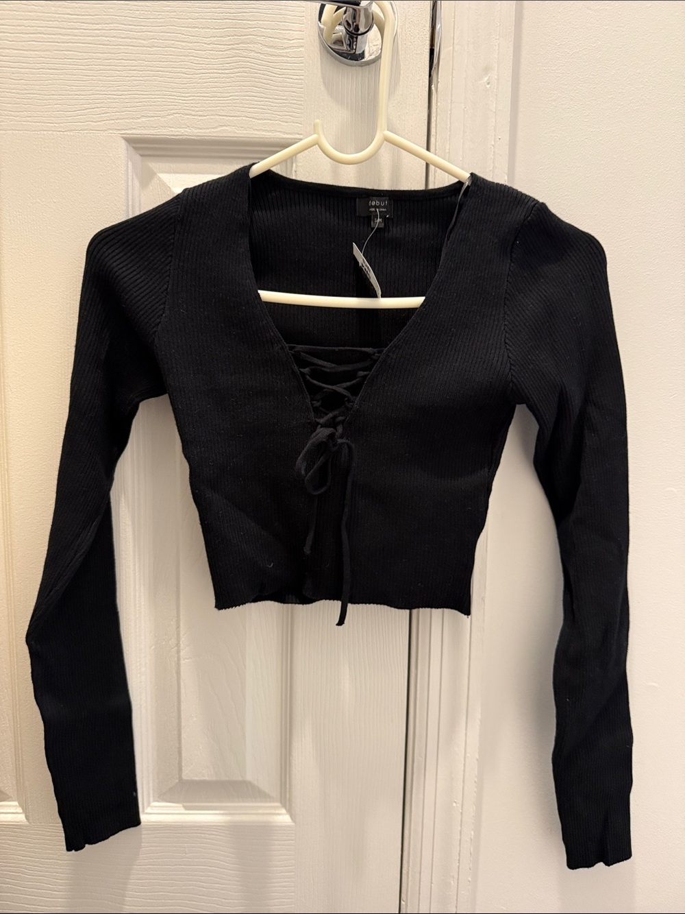 Black Ribbed Lace-Up Long Sleeve Crop Top. Size S/M